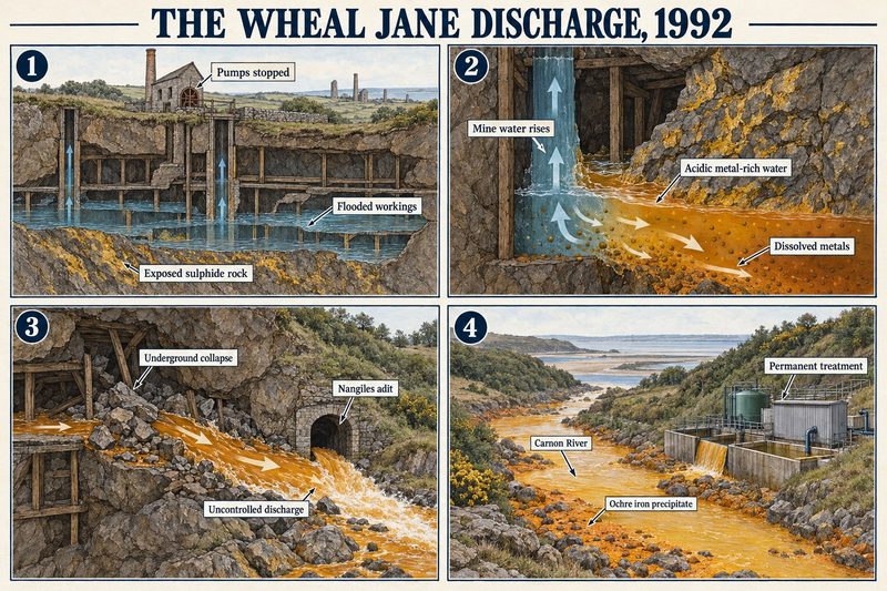 Four panels: pumping stopped and the workings flooding through sulphide rock, the water turning acidic, the collapse driving it out of Nangiles adit, and the treated Carnon River.
