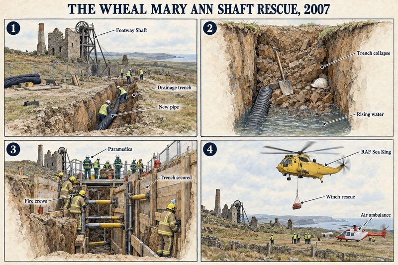 Four panels: a drainage trench beside the Footway Shaft, the trench collapsing with water rising, fire crews shoring it with paramedics above, and an RAF Sea King winching the casualty out.