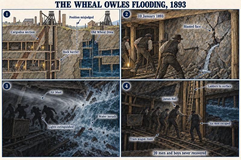 Four panels: the Cargodna workings beside flooded Old Wheal Drea, miners blasting through, the air blast and inrush putting out the lights, and James Hall leading men to the ladders.