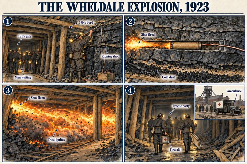 Four panels: a deputy preparing a ripping shot in the 190's bord as men wait nearby, the shot firing over coal dust, the dust igniting along the roadway, and a rescue party with first aid.