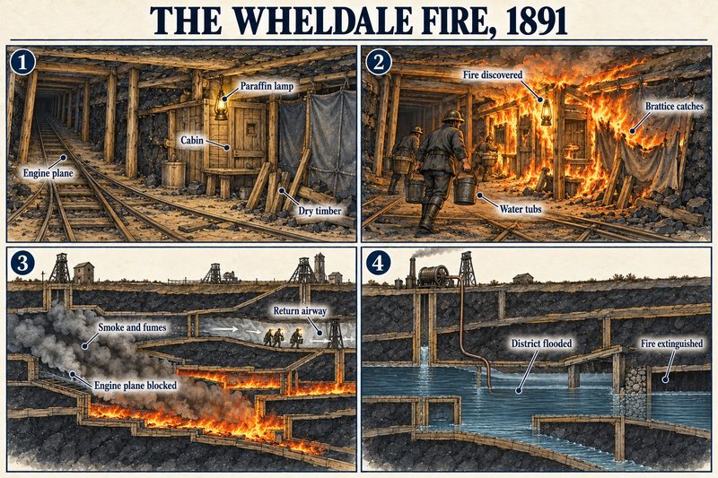 Four panels: a cabin with a paraffin lamp beside the engine plane, men carrying water as brattice burns, smoke filling the engine plane while men leave by the return airway, and the district flooded.