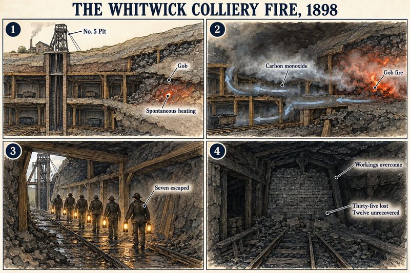 Four panels: heating in the gob of No. 5 Pit, carbon monoxide spreading from the fire, the seven men who escaped, and the sealed workings.