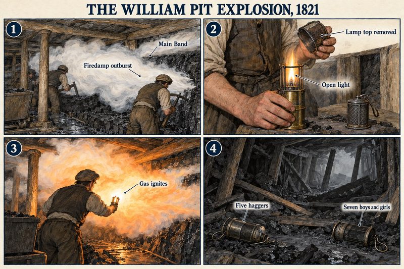 Four panels: an outburst of firedamp in the Main Band, a hagger lifting the top off his safety lamp, the gas firing at the open light, and two lamps lying in the wreckage.