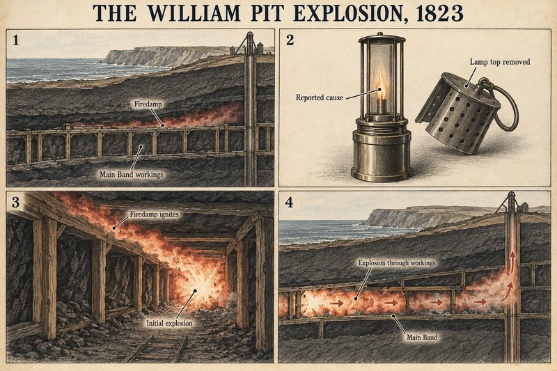 Four panels: firedamp in the Main Band workings, a safety lamp with its top removed as the reported cause, the initial explosion, and the blast running through the workings.