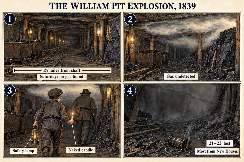 Four panels: a road a mile and a half from the shaft, gas gathering unseen, a boy following the overman with a lamp and a naked candle, and the wrecked road where 21 to 23 died.