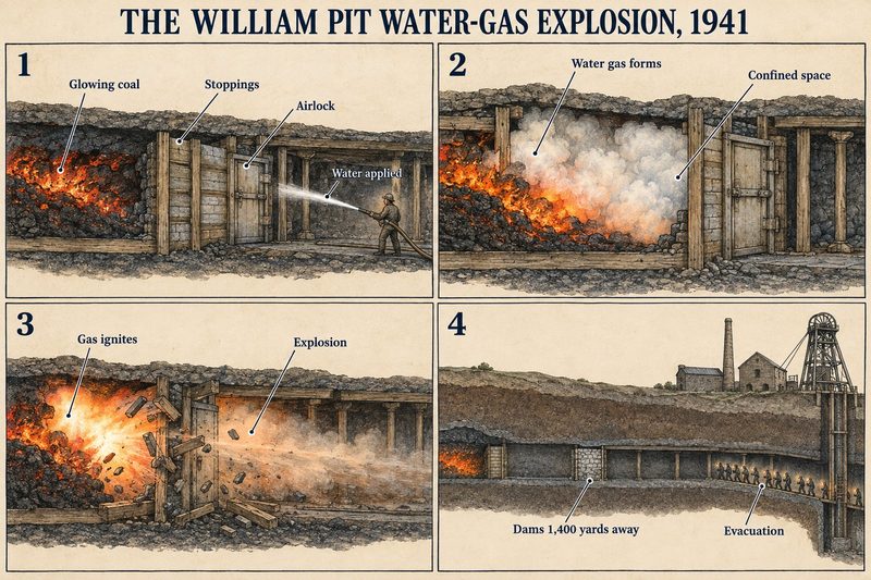 Four panels: water played on glowing coal behind stoppings, water gas forming in the confined space, the gas igniting and blowing the stoppings out, and the evacuation.