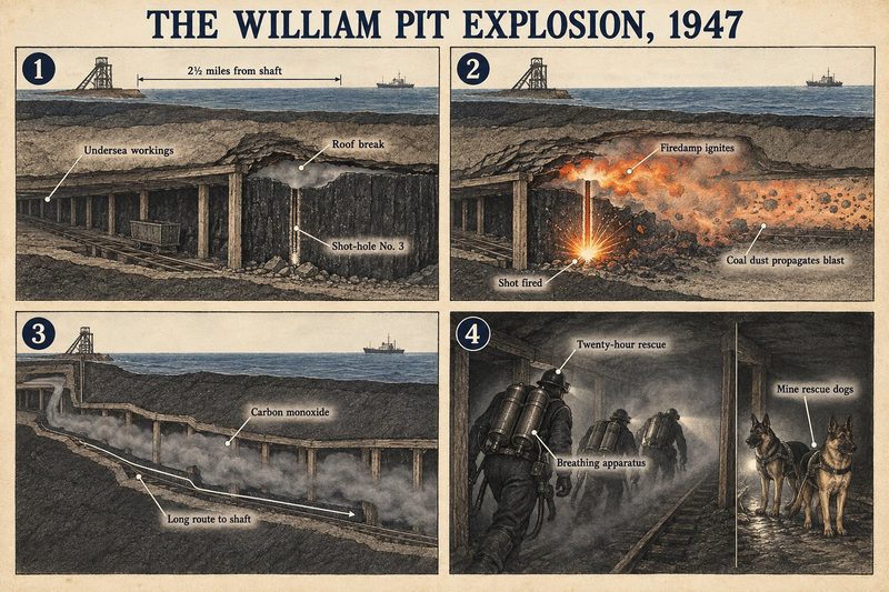 Four panels: a shot-hole at a roof break two and a half miles out under the sea, the shot igniting firedamp, carbon monoxide filling the long route back, and a twenty-hour rescue.