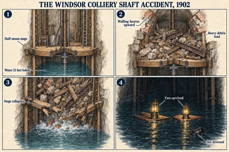 Four panels: the half-moon sinking stage 21 feet above water, walling heaving and debris piling on it, the stage collapsing into the sump, and two lamps on floating timber.