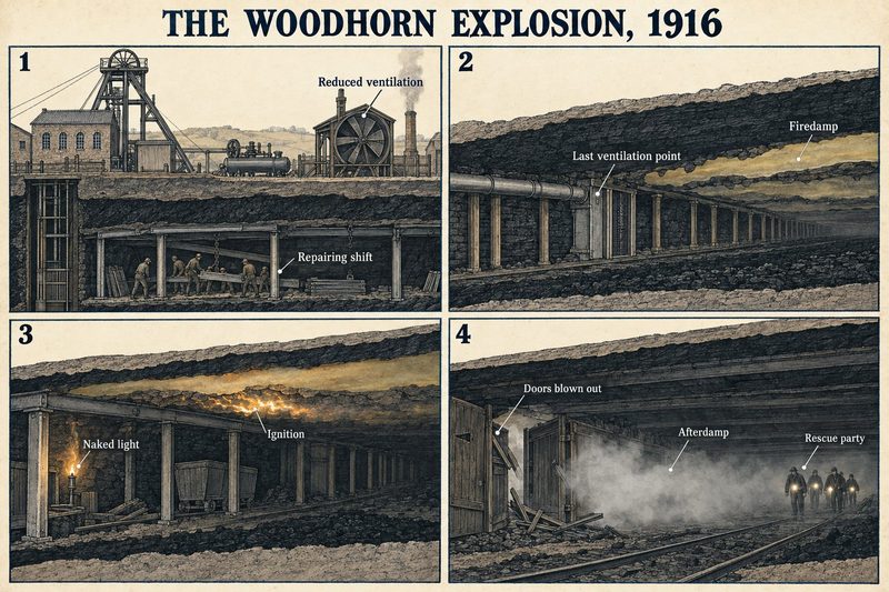 Four panels: a repairing shift with the fan on reduced ventilation, firedamp beyond the last ventilation point, a naked light igniting it, and a rescue party in afterdamp.