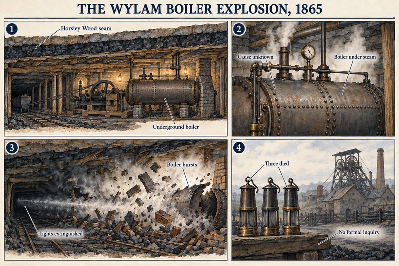 Four panels: the underground boiler in the Horsley Wood seam, the boiler under steam, the boiler bursting, and three lamps by the pithead.