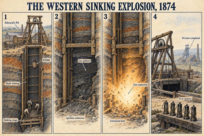 Four panels: sinkers at work in Edward's Pit, gas gathering in the shaft, the explosion in the unfinished shaft, and five lamps for the five sinkers with the pit later completed.