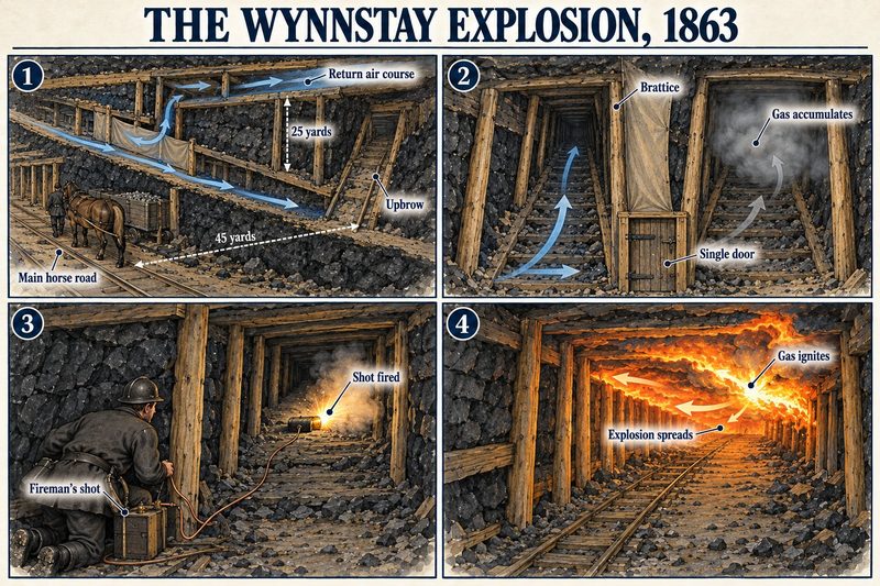 Four panels: an upbrow 25 yards from the return and 45 from the horse road, gas behind a single door, the fireman's shot, and the explosion spreading.