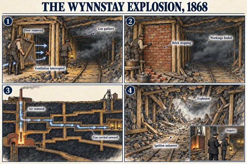 Four panels: a ventilation door removed, a brick stopping built while the workings fouled, air restored carrying the gas on, and the explosion.
