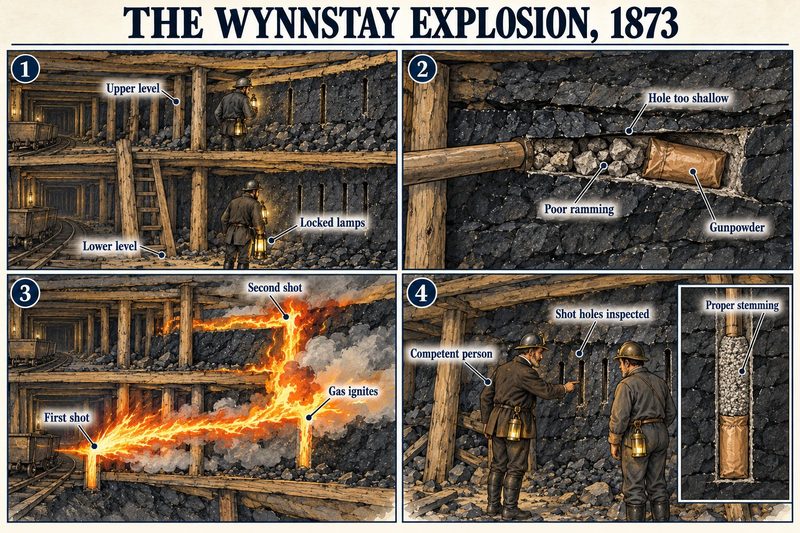 Four panels: two levels worked with locked lamps, a shallow, poorly rammed shot hole, two shots igniting gas, and shot holes inspected afterwards.