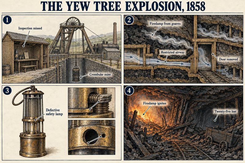 Four panels: the Crombuke pithead with the inspection missed, firedamp in a restricted airway, a defective safety lamp, and the explosion underground.