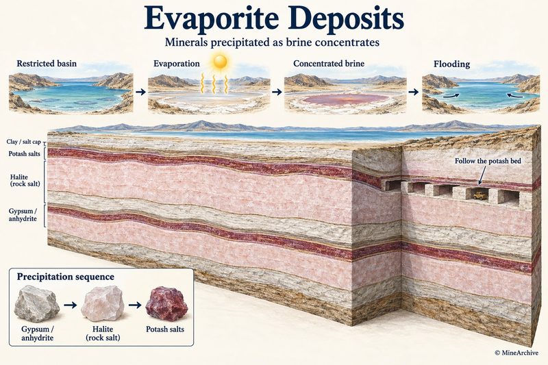 A restricted basin evaporates to brine and floods again; below, a layered block of gypsum, halite and potash salts, with room-and-pillar workings following the thin potash bed.