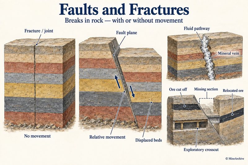 Three blocks of layered rock: a joint with no movement, a fault plane with beds displaced, and a mineral vein filling a fracture; a fourth shows ore cut off by a fault and a crosscut sent to find it.