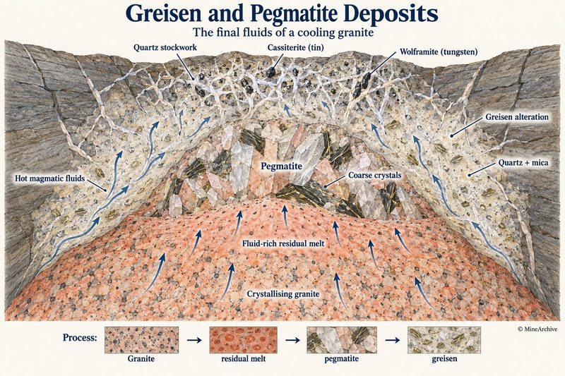 Section through the dome of a cooling granite: fluid-rich residual melt rises into coarse pegmatite and a pale greisen cap laced with a quartz stockwork carrying cassiterite and wolframite.