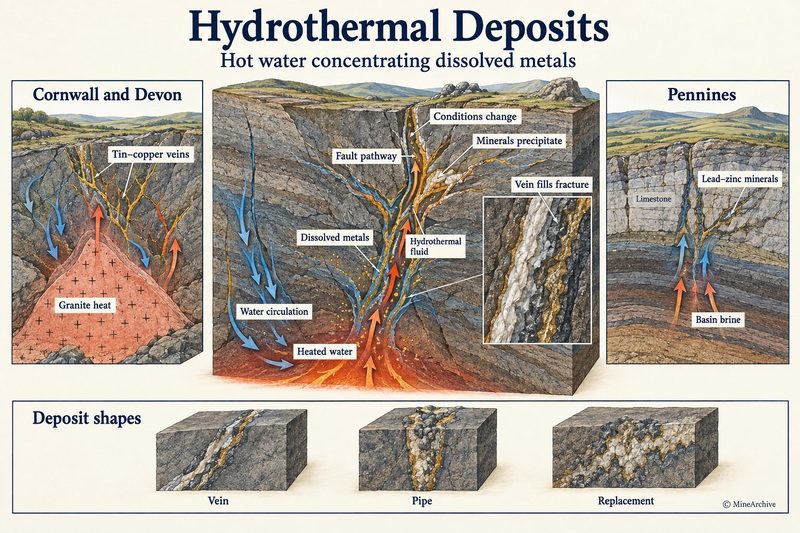 Heated water rises up a fault and precipitates minerals in a vein, flanked by granite-driven tin-copper veins in Cornwall and Devon and basin-brine lead-zinc in Pennine limestone.