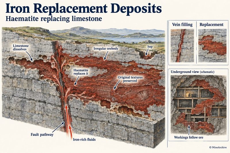 Iron-rich fluids rise up a fault into limestone, dissolving it and leaving irregular red haematite that keeps the rock's bedding and fossils, with a sop and workings following the ore.