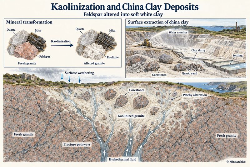 Feldspar in granite altered to white kaolinite along fracture pathways, leaving corestones of fresh granite; inset, a water monitor washing a clay pit into slurry for settling.