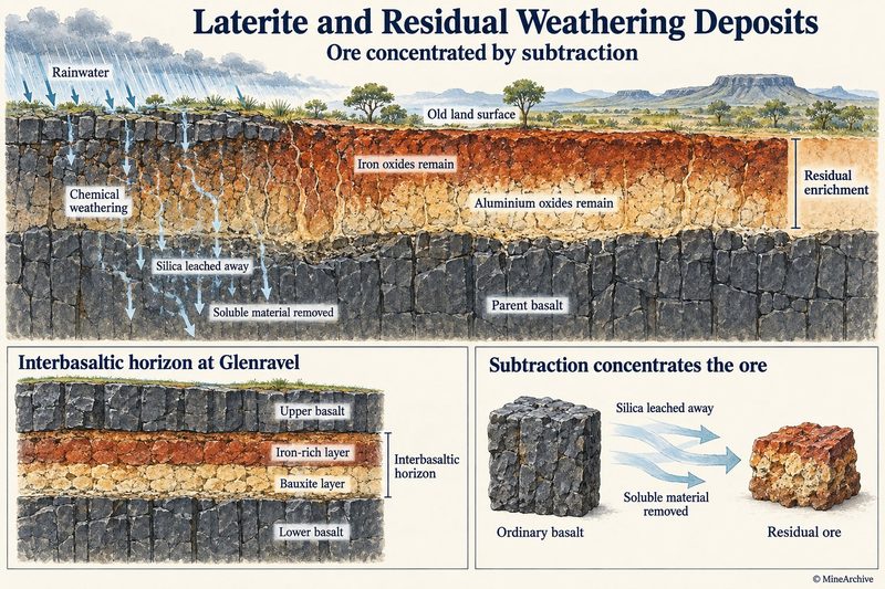 Rain leaches silica from basalt, leaving iron and aluminium oxides behind; an inset shows the interbasaltic horizon at Glenravel, an iron-rich layer above bauxite between two basalts.