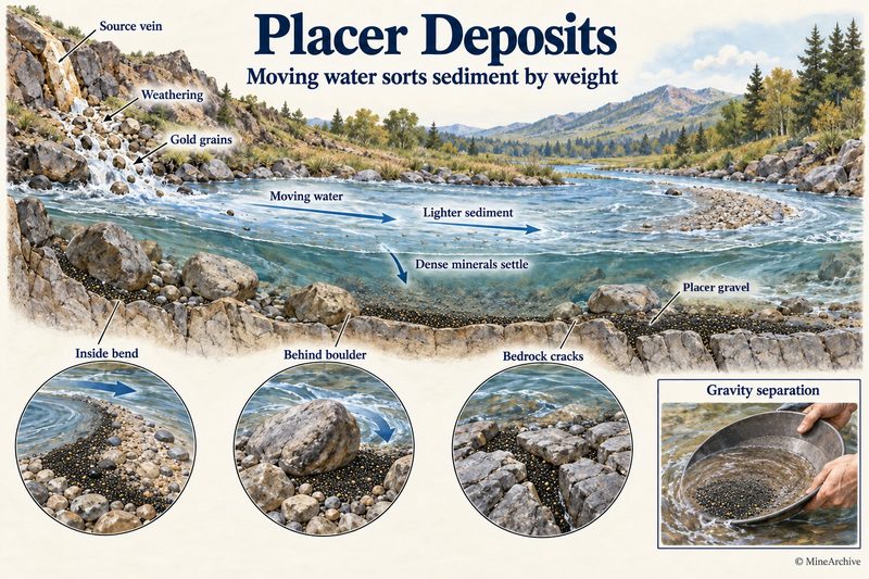 A stream carries gold grains weathered from a source vein; dense minerals settle at an inside bend, behind a boulder and in bedrock cracks, and a pan separates them by gravity.