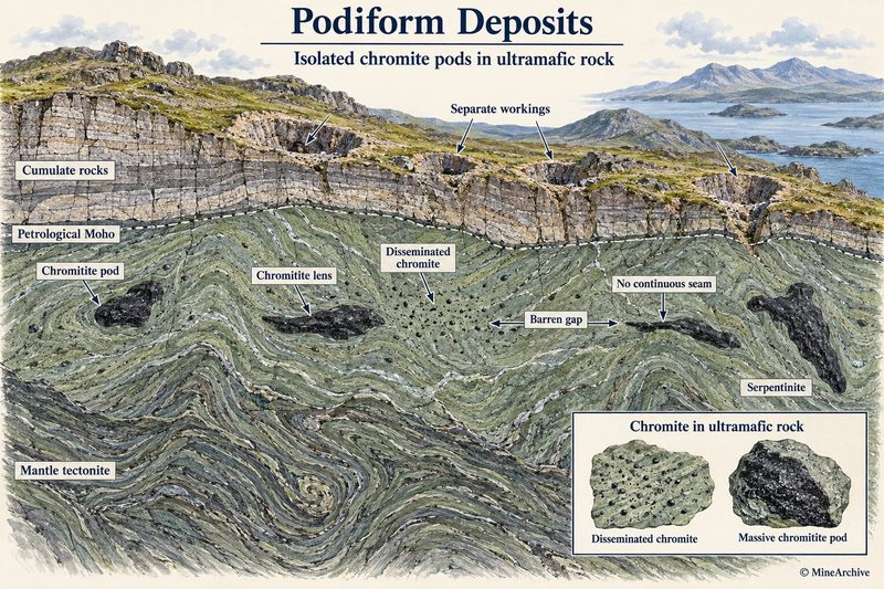 Cross-section of an ophiolite: layered cumulate rocks above the petrological Moho, and below it chromite pods and lenses scattered through folded serpentinite and mantle tectonite with barren gaps.