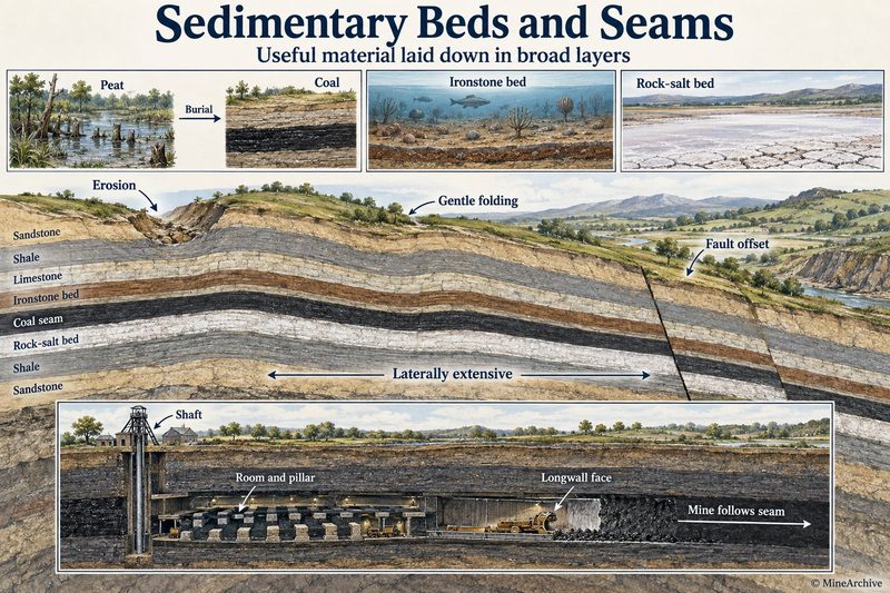 Peat buried into coal, an ironstone sea floor and a salt flat above a folded, faulted stack of beds, with a shaft reaching a coal seam worked by room and pillar and by a longwall face.
