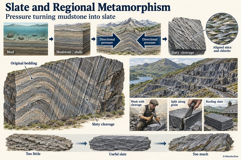 Mud becomes mudstone, is squeezed in mountain-building and gains slaty cleavage from aligned mica and chlorite, cutting across folded bedding; a quarry, splitting and roofing slate.