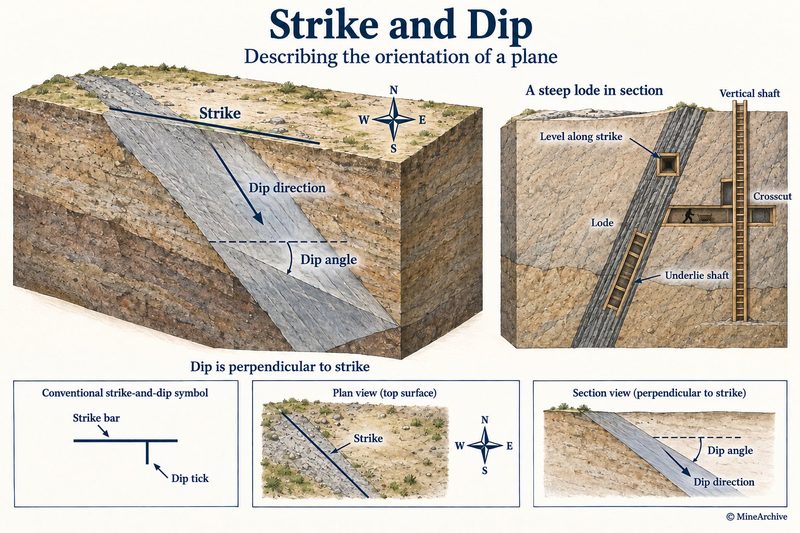 A block cut by an inclined lode showing strike, dip direction and dip angle; a section with a level along strike, an underlie shaft in the lode and a crosscut; the map symbol, plan and section views.