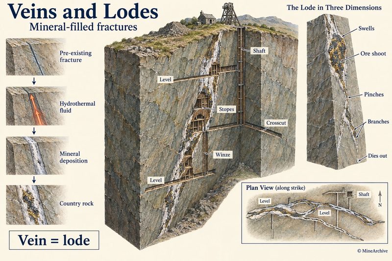 A fracture filled by hydrothermal fluid becomes a mineral vein; a block cut away shows a shaft, levels, stopes, a winze and a crosscut,; a lode swells, pinches and branches.