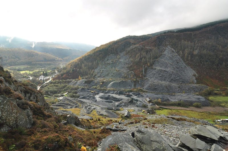 The Hen Chwarel slate workings across the valley seen from high up in the Foel Grochan quarry at Aberllefenni.