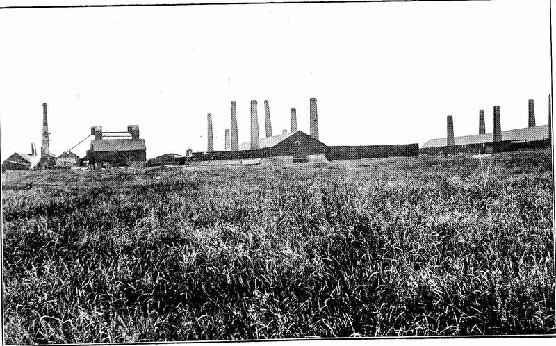 A black and white view across rough grass to a line of tall chimneys, pan sheds and a rock mill with headgear.