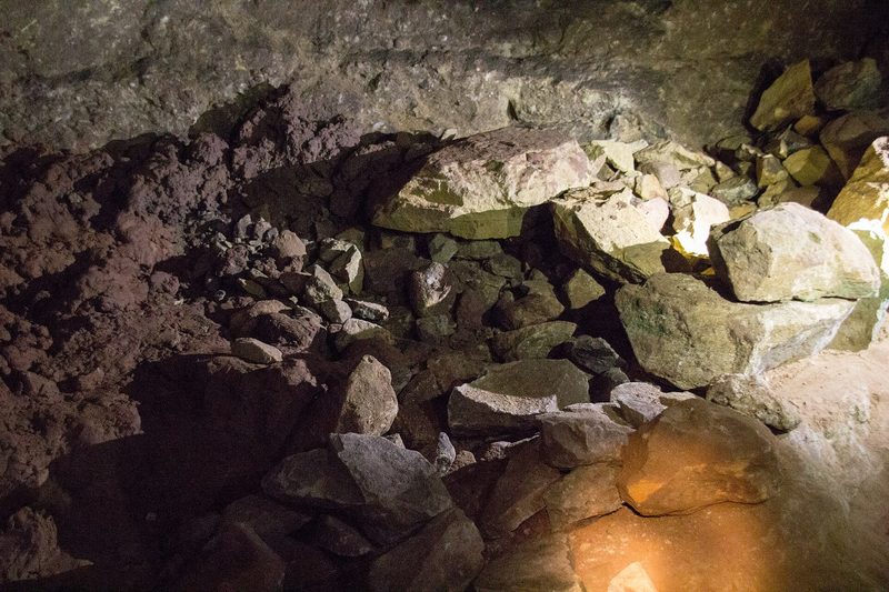 Underground workings in Wood Mine at Alderley Edge, showing the cut sandstone faces.