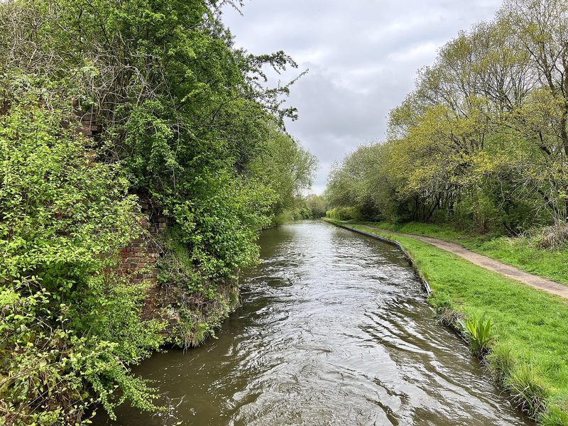 Brick abutments of a demolished railway bridge standing on the bank of the Coventry Canal, all that is left of the colliery railway