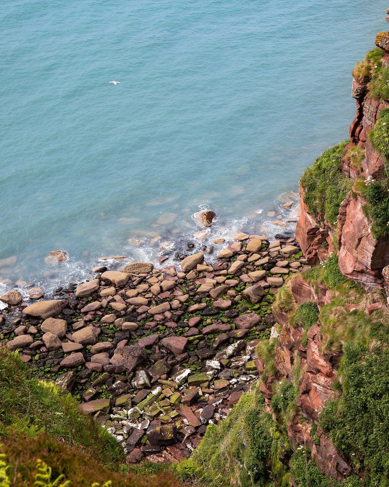 The overgrown remains of the Barrowmouth gypsum and alabaster mine on the steep coastal slope above Saltom Bay south of Whitehaven