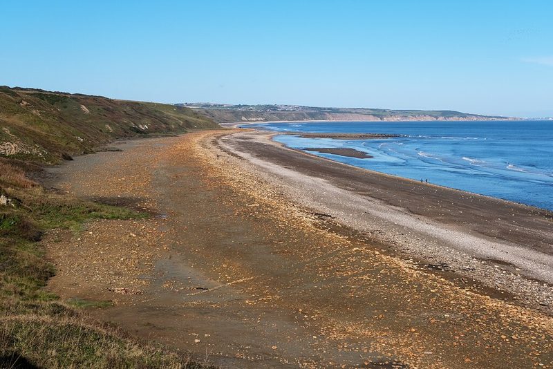 The restored beach at Blackhall Rocks in October 2020, orange magnesian limestone cobbles below the cliffs and only a dark stain of fine coal at the water's edge.