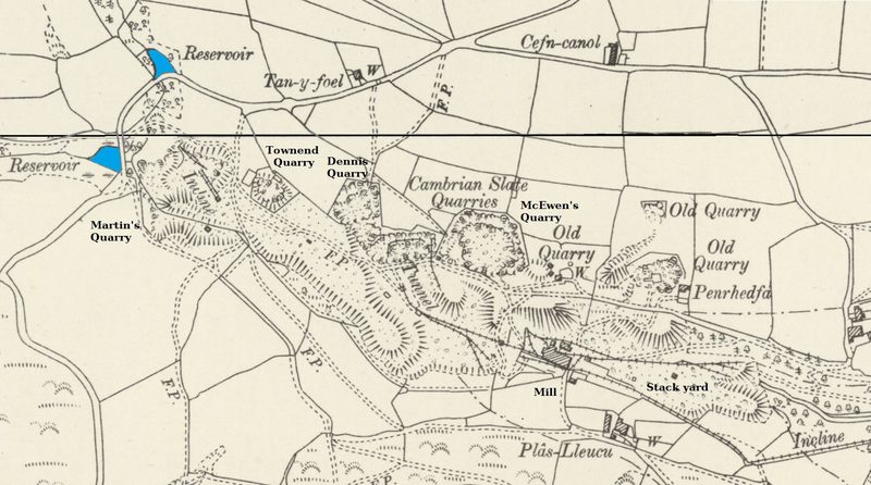 Old Ordnance Survey map of the Cambrian slate quarries with Martin's, Townend, Dennis and McEwen's quarries, the tunnel, mill and incline marked.