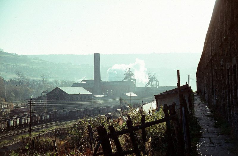 Celynen South Colliery, Abercarn, photographed while still operating in 1969, with a terrace of miners' housing in the foreground.