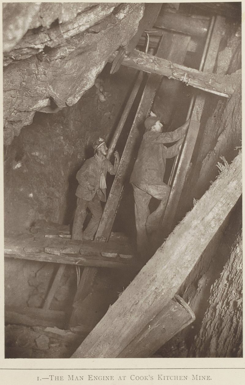 A historic photograph of miners operating the man engine at Cook's Kitchen Mine, Cornwall, c. 1893.