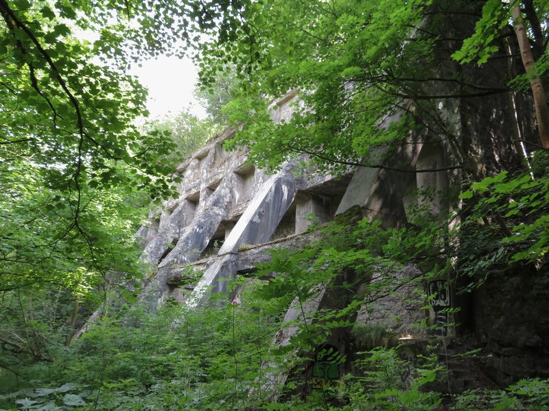 The tall concrete-buttressed face of a lime kiln bank rising through trees, its charging openings in a row along the top.