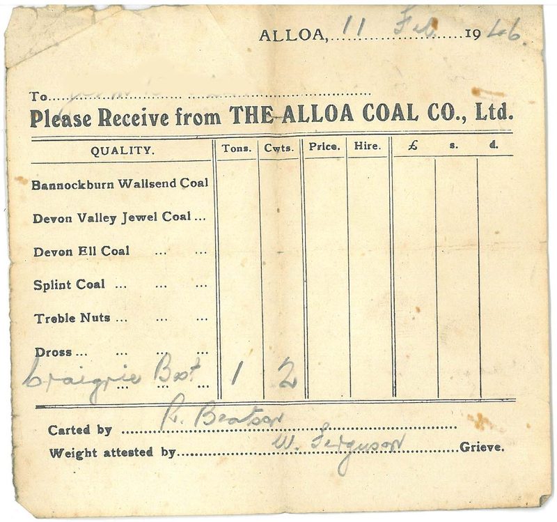 A printed coal delivery note from the Alloa Coal Company with Craigrie Best handwritten among the coal qualities.