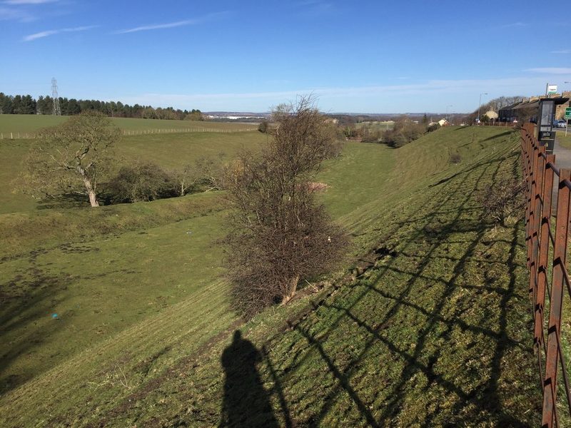 A grassy railway cutting curving away between fields, with a rusty fence and a row of houses on the right.