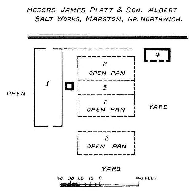 A line plan showing three open salt pans, a long building, a small square structure and yards, with a scale in feet.