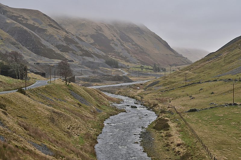 The Cwmystwyth valley, with the old mine workings visible on the hillside.