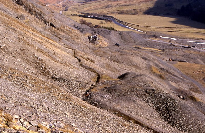 The Cwmystwyth workings with one of the contour leats that carried water across the hillside to drive the mine's machinery.