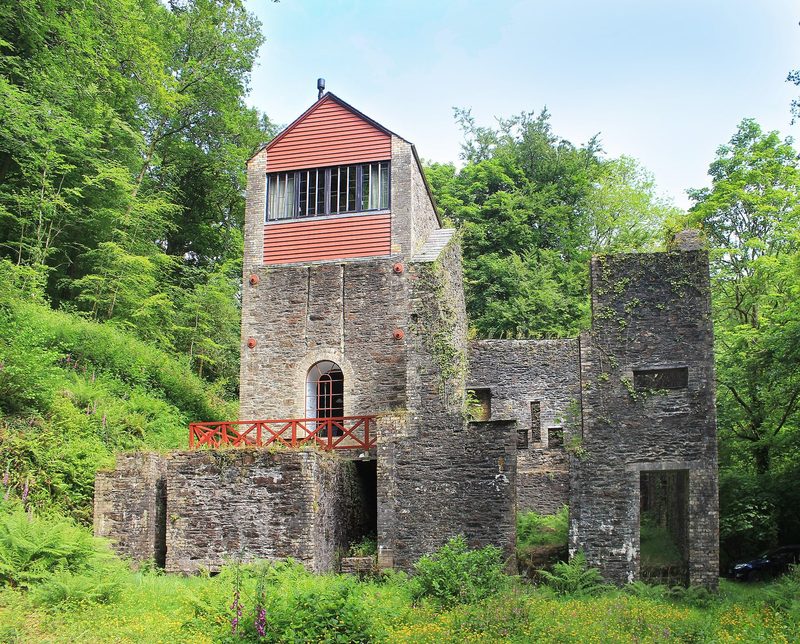 The stone mine buildings of Danescombe standing among trees on the steep side of the Danescombe valley above Calstock.