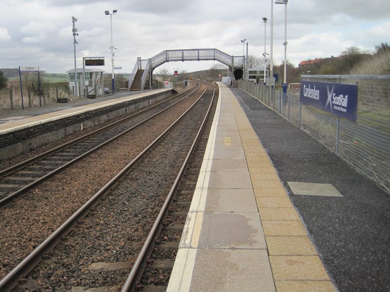 The single platform and shelter of Cardenden railway station in Fife, beside which the colliery stood at the north end of Carden Den.