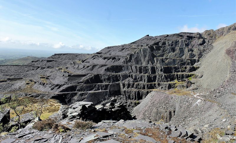 The terraced galleries of Dinorwic slate quarry above Llanberis, Gwynedd.